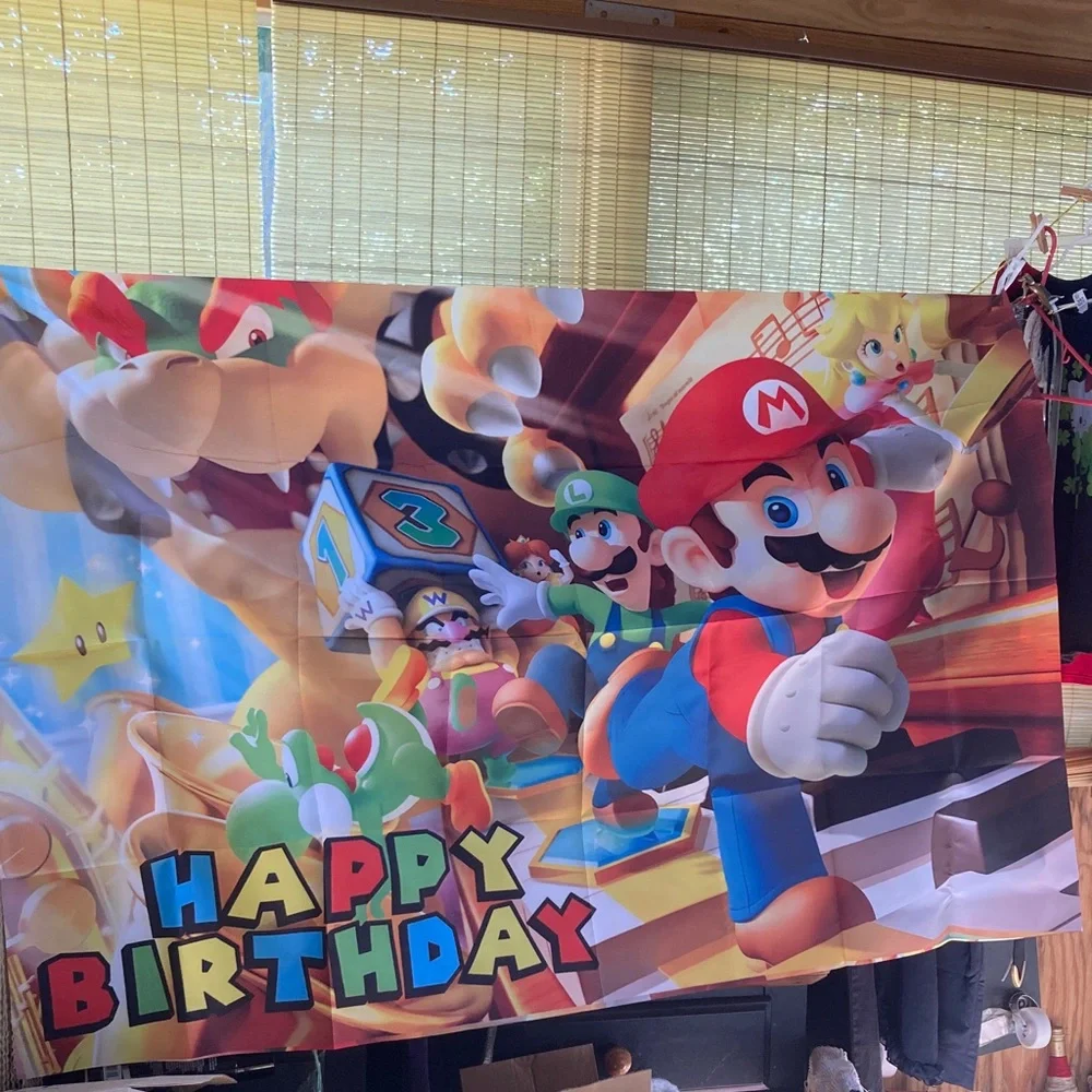 Super Mario Brothers Happy Birthday Banner with Hanging Adhesive 5 x 3 Feet